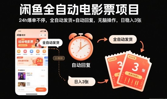 闲鱼全自动电影票项目,24h爆单不停,全自动发货+自动回复,无脑操作,日稳入3张【揭秘】-摇钱树